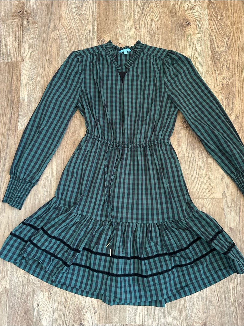Draper James Green and Black Checked Long Sleeve Tiered Dress